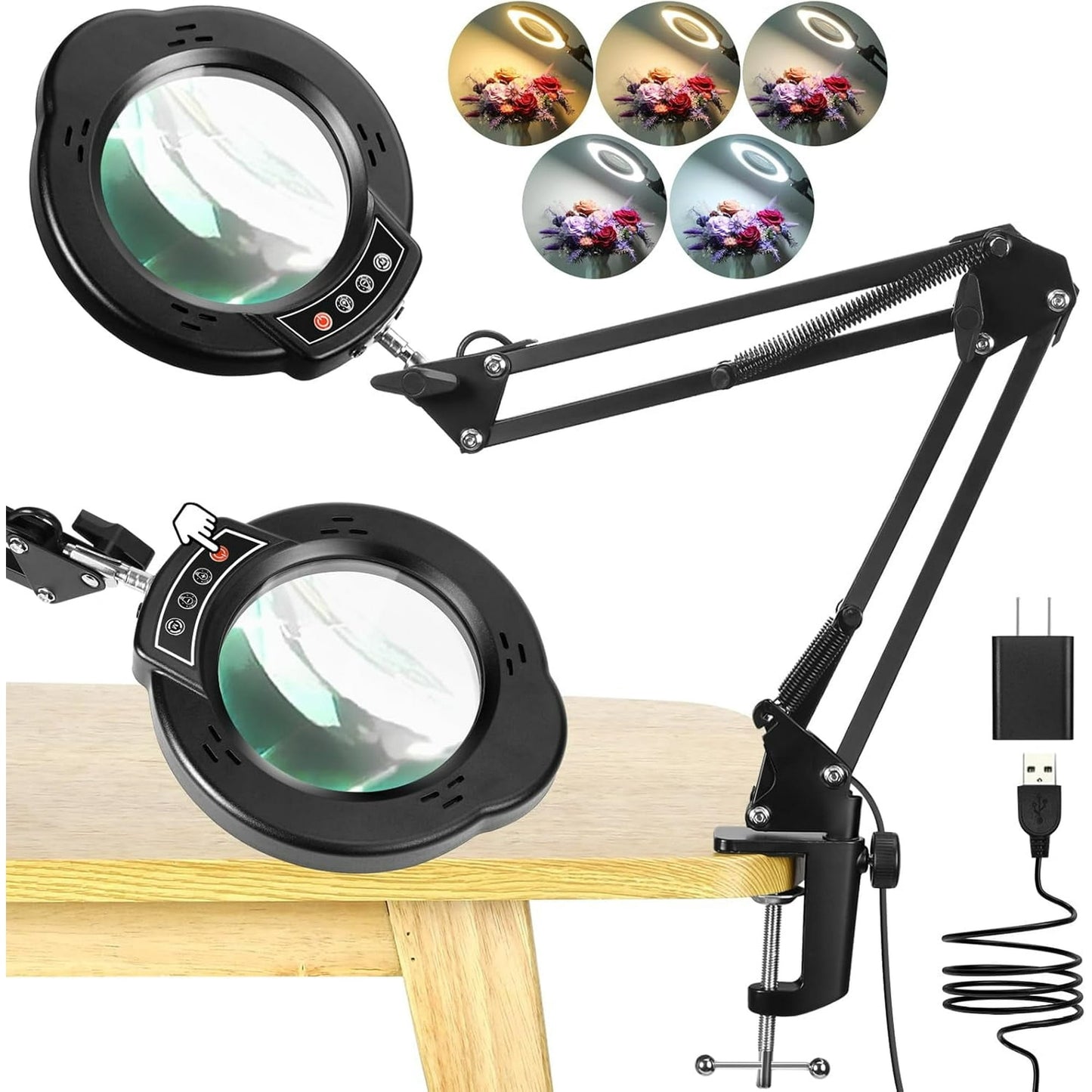 10X Magnifying Glass with Light and Clamp, 5 Color Modes Stepless Dimmable LED Desk Lamp, Real Glass Lens Lighted Magnifier with Stand, Hands Free for Crafts Hobby Reading Painting Sewing Close Work