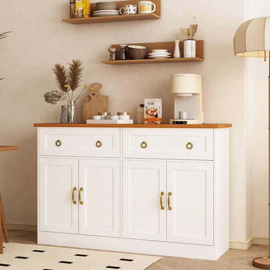 4 Doors Kitchen Sideboard Buffet Cabinet with 2 Drawers, Modern Coffee Bar Storage Cabinets for Kitchen, Dining, Living Room, White